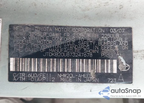 2007 Toyota Prius z USA, uszkodzony, nr VIN JTDKB20U873247678